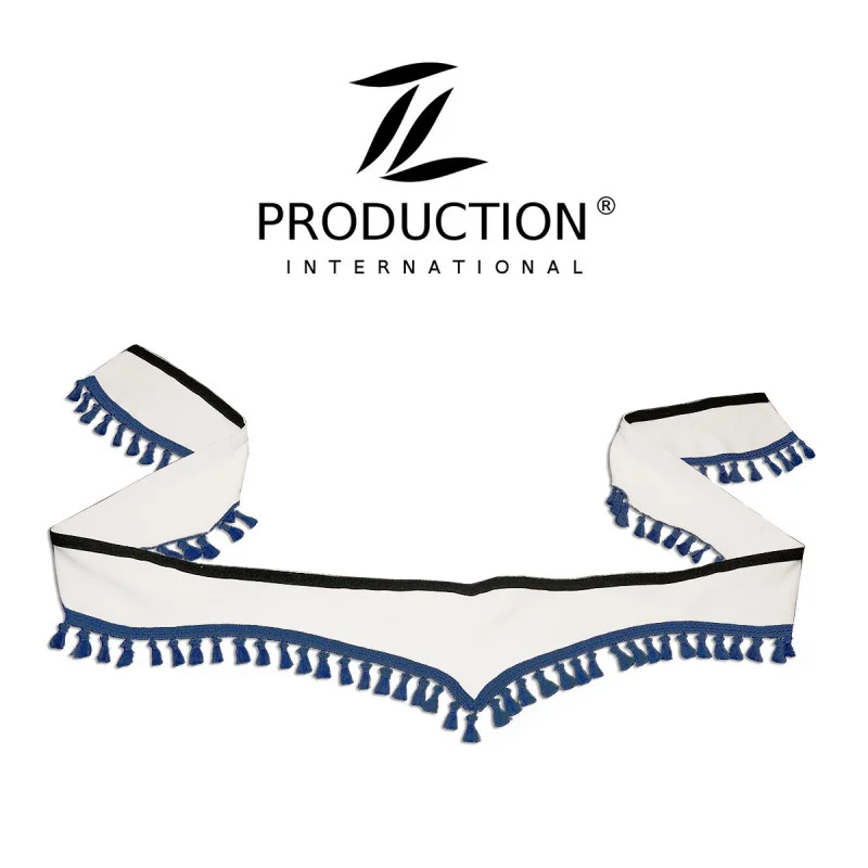 Gardinenborde orientel in weiß mit Bommeln dunkelblau