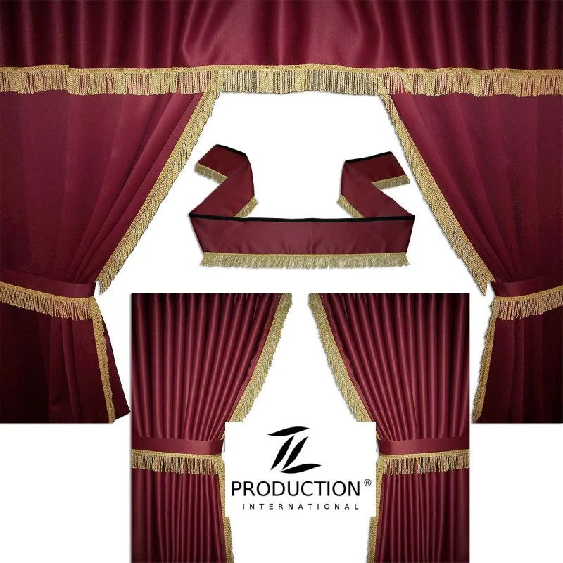 Fahrerhaus-Gardinenset Petra in bordeaux mit goldenen Fransen