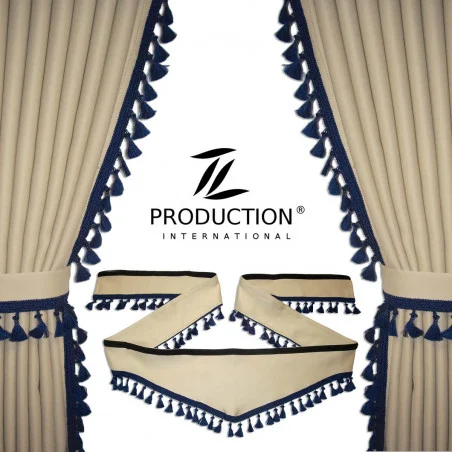 LKW-Vorhangset mit Seitenschals und Borde in beige-dunkelblau