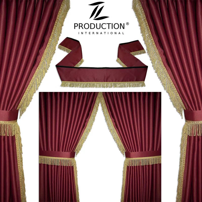 Fahrerhaus-Gardinenset Anett in bordeaux mit goldenen Fransen