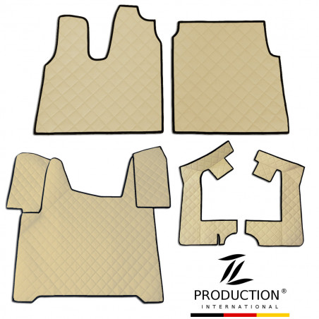 Fünf beige gesteppte Automatten mit schwarzem Rand, ideal für MAN TGS-Modelle, liegen auf weißem Untergrund. Unten rechts befindet sich das Logo „TL PRODUCTION INTERNATIONAL“. Perfekt für alle, die ein schickes Kunstleder-Set suchen, um den Innenraum ihres Fahrzeugs aufzuwerten.