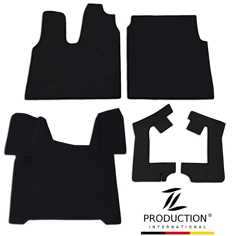 Fünf schwarz gesteppte Automatten mit schwarzem Rand, ideal für MAN TGS-Modelle, liegen auf weißem Untergrund. Unten rechts befindet sich das Logo „TL PRODUCTION INTERNATIONAL“. Perfekt für alle, die ein schickes Kunstleder-Set suchen, um den Innenraum ihres Fahrzeugs aufzuwerten.