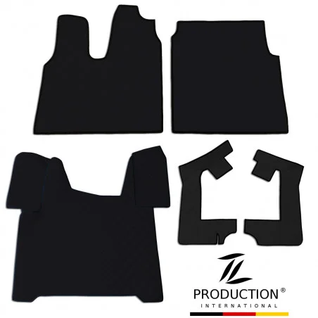 Fünf schwarz gesteppte Automatten mit schwarzem Rand, ideal für MAN TGS-Modelle, liegen auf weißem Untergrund. Unten rechts befindet sich das Logo „TL PRODUCTION INTERNATIONAL“. Perfekt für alle, die ein schickes Kunstleder-Set suchen, um den Innenraum ihres Fahrzeugs aufzuwerten.