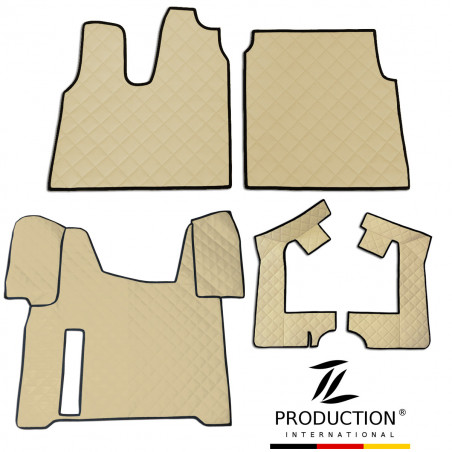 Fünf beige gesteppte Automatten mit schwarzem Rand, ideal für MAN TGS-Modelle, liegen auf weißem Untergrund. Unten rechts befindet sich das Logo „TL PRODUCTION INTERNATIONAL“. Perfekt für alle, die ein schickes Kunstleder-Set suchen, um den Innenraum ihres Fahrzeugs aufzuwerten.
