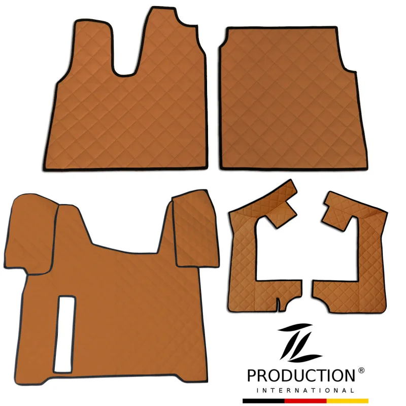 Fünf cappucino gesteppte Automatten mit schwarzem Rand, ideal für MAN TGS-Modelle, liegen auf weißem Untergrund. Unten rechts befindet sich das Logo „TL PRODUCTION INTERNATIONAL“. Perfekt für alle, die ein schickes Kunstleder-Set suchen, um den Innenraum ihres Fahrzeugs aufzuwerten.