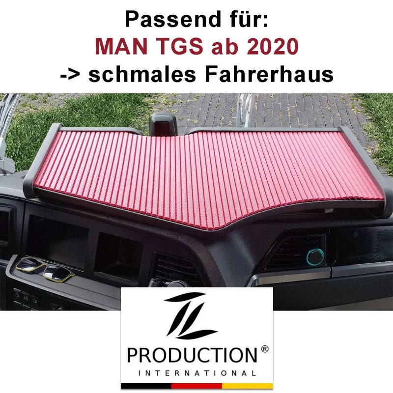 Armaturenbrettabdeckung für einen MAN TGS-LKW, konzipiert für Modelle ab 2020 mit schmaler Kabine. Die Abdeckung wird in der Kabine angezeigt und der Text enthält Angaben zur Produktkompatibilität. Das Logo und der Name des Herstellers werden unter dem Bild angezeigt.